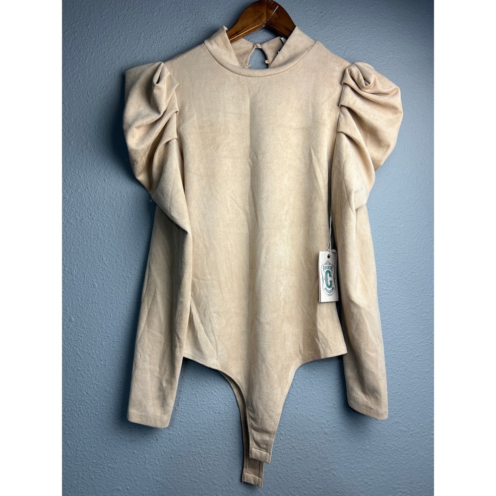 NWT Rockin' C Western Wear Cowboy Tan Faux Suede Puff Shoulder Bodysuit Medium